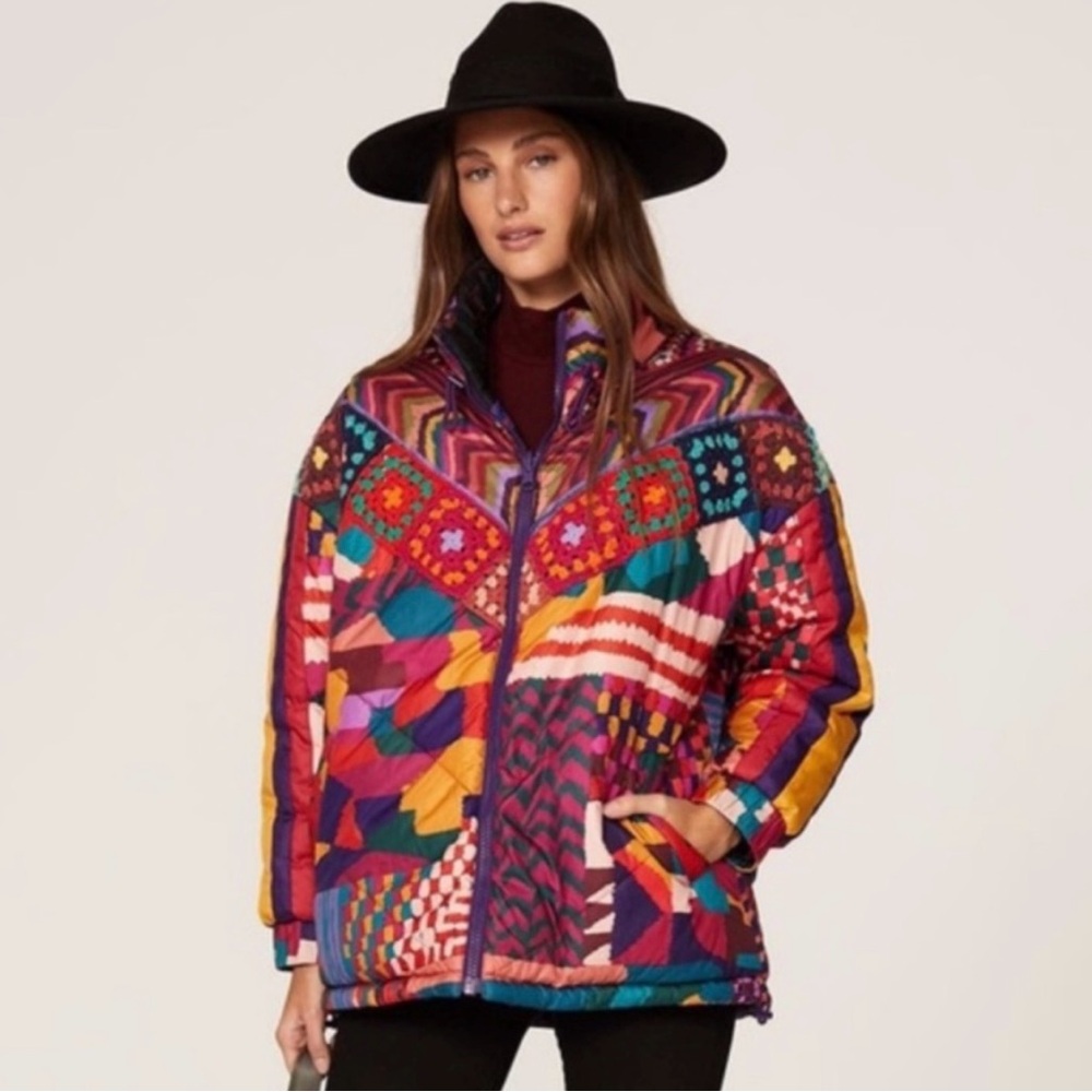 FARM Rio Red Abstract Patches Reversible Puffer Jacket